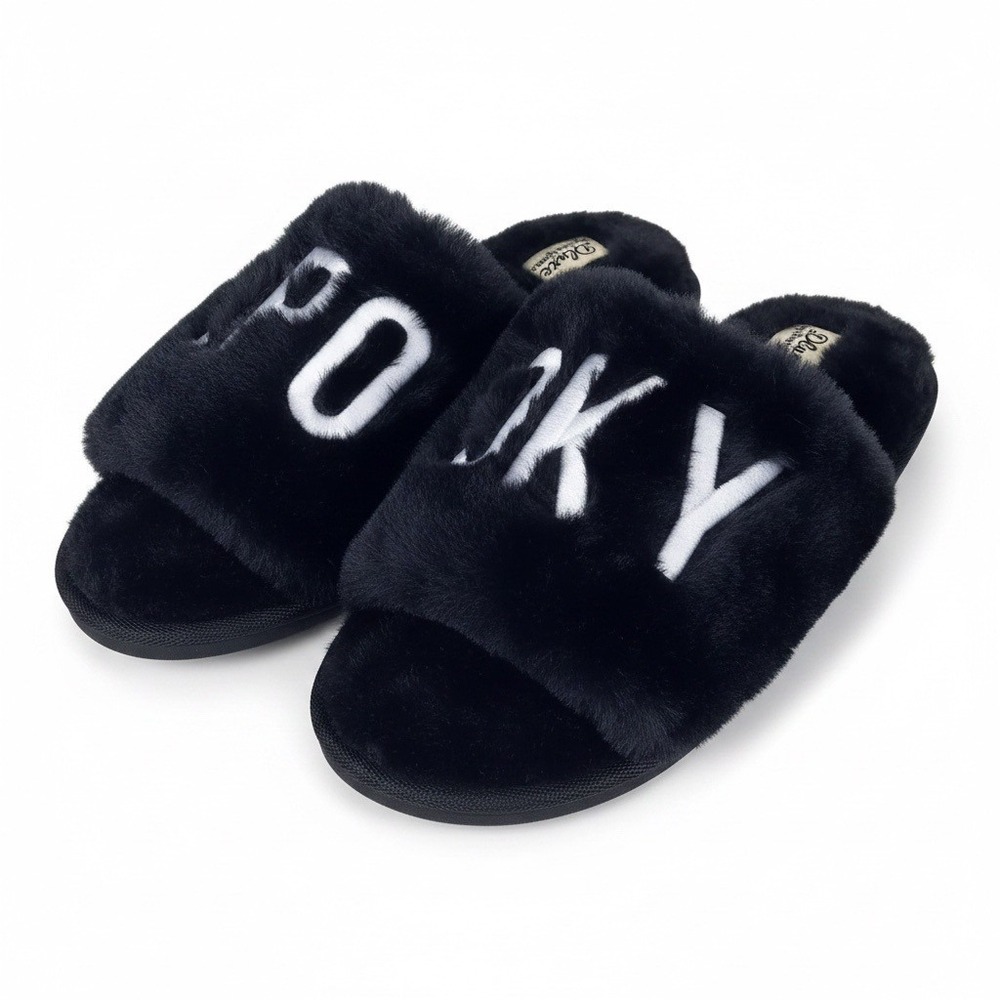 Spooky Faux Fur Slippers Black Plush‎ Open Toe Slides Halloween Gothic (L 9-10)